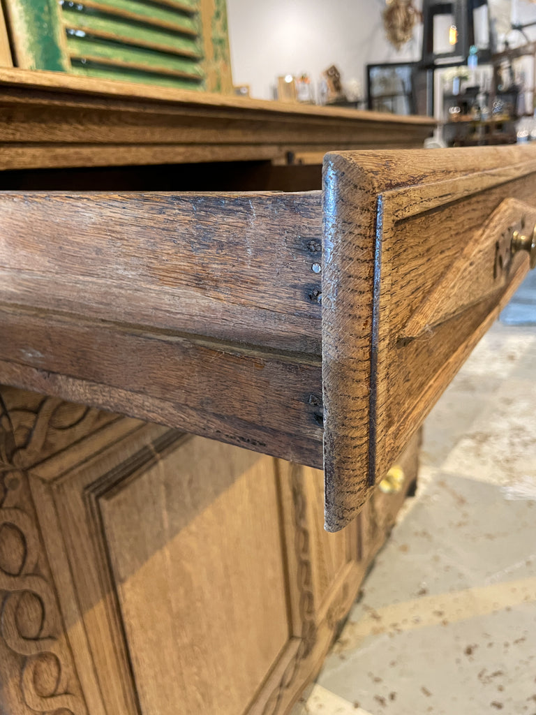 Rustic 18th c French Oak Buffet with Carved Details & Iron Hardware