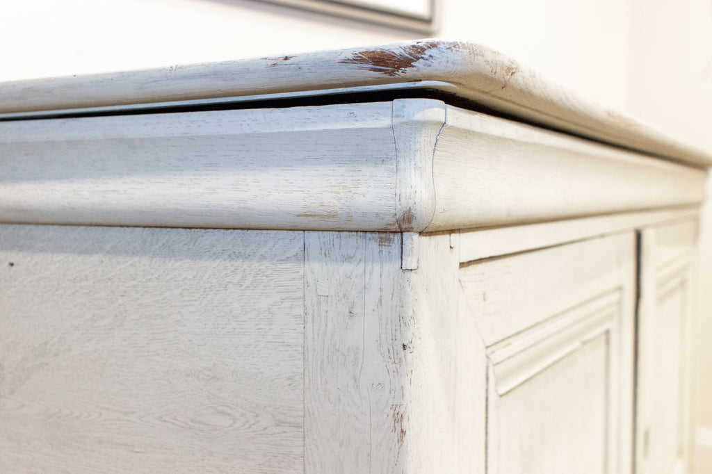 Antique French Oak Hinged Top Buffet in Greige Wash
