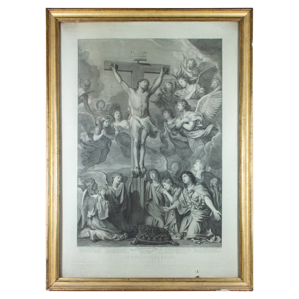 Large Antique French Religious Etching "Le Christ Aux Anges" by Charles le Brun