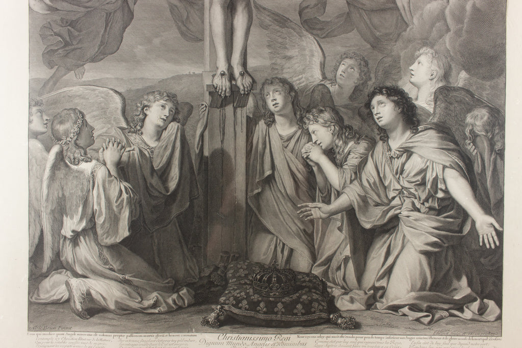 Large Antique French Religious Etching "Le Christ Aux Anges" by Charles le Brun