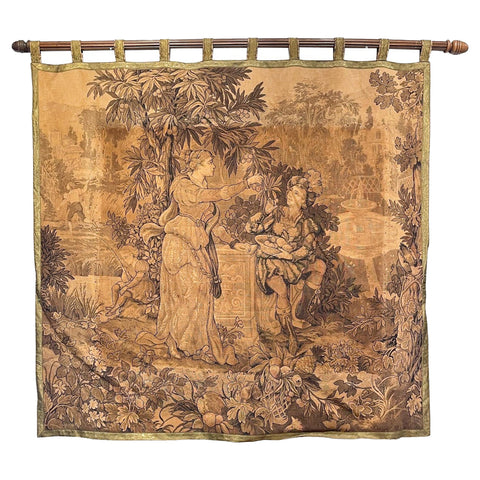 Antique French Tapestry with Gold Binding on Fluted Wood Rod Hanger