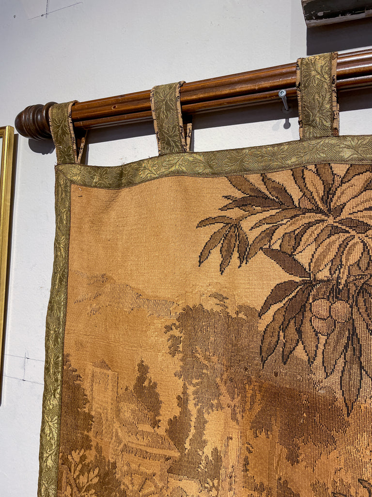 Antique French Tapestry with Gold Binding on Fluted Wood Rod Hanger
