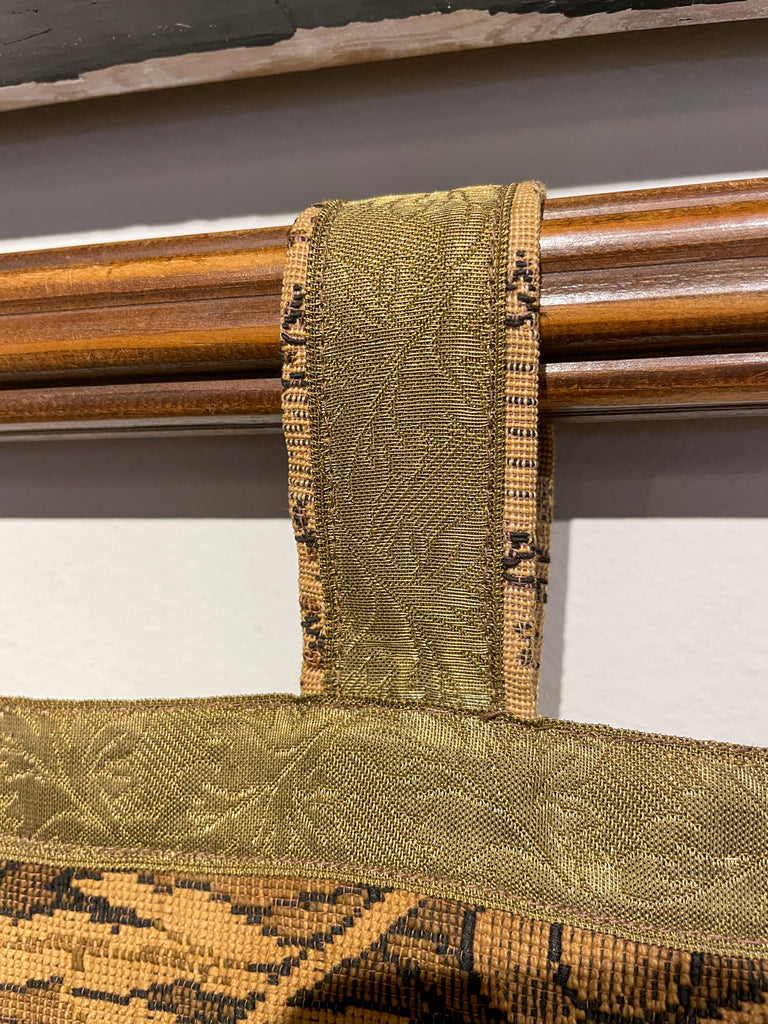 Antique French Tapestry with Gold Binding on Fluted Wood Rod Hanger