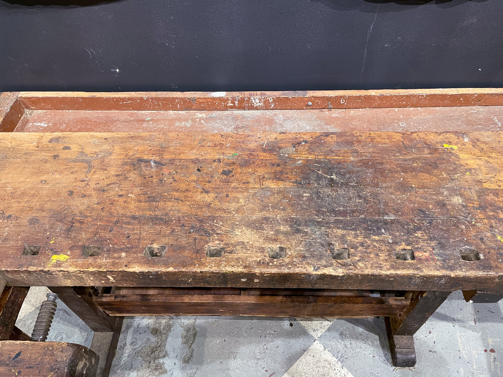 Large Antique French Work Table with Two Vices & Dog Holes on Trestle Base
