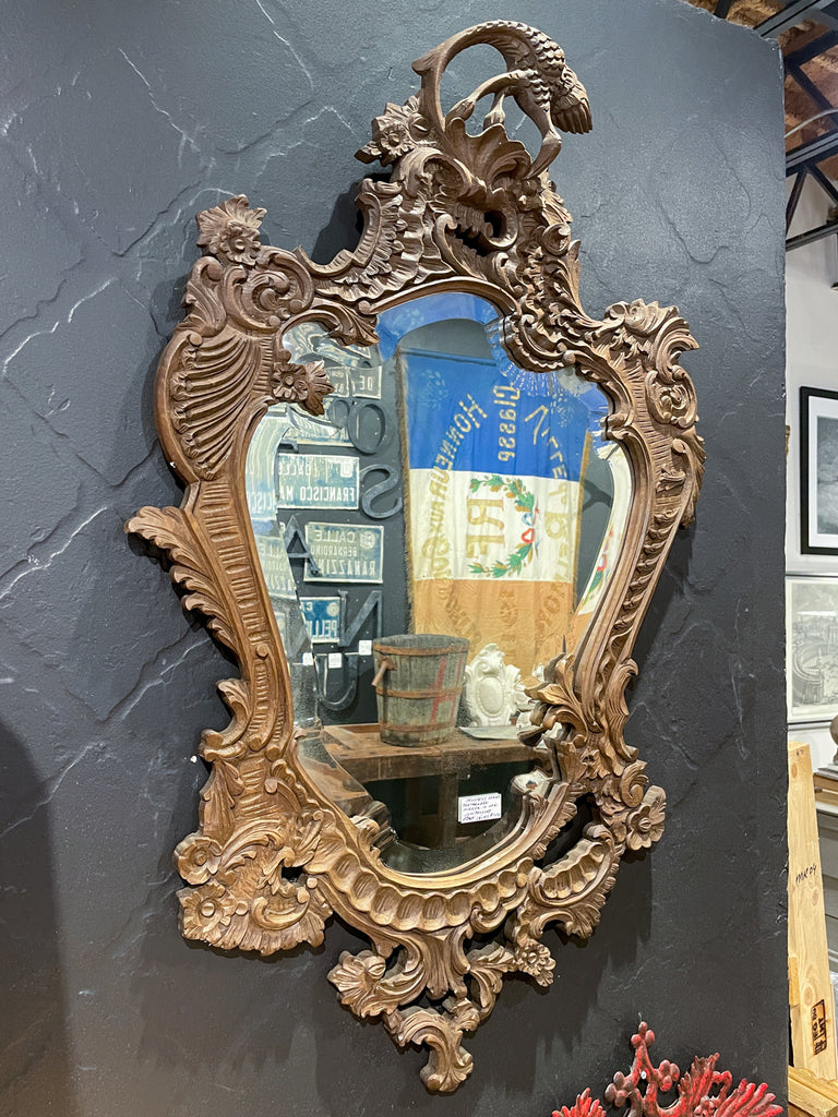 Antique Portuguese Carved Oak Rococo Wall Mirror with Beveled Glass