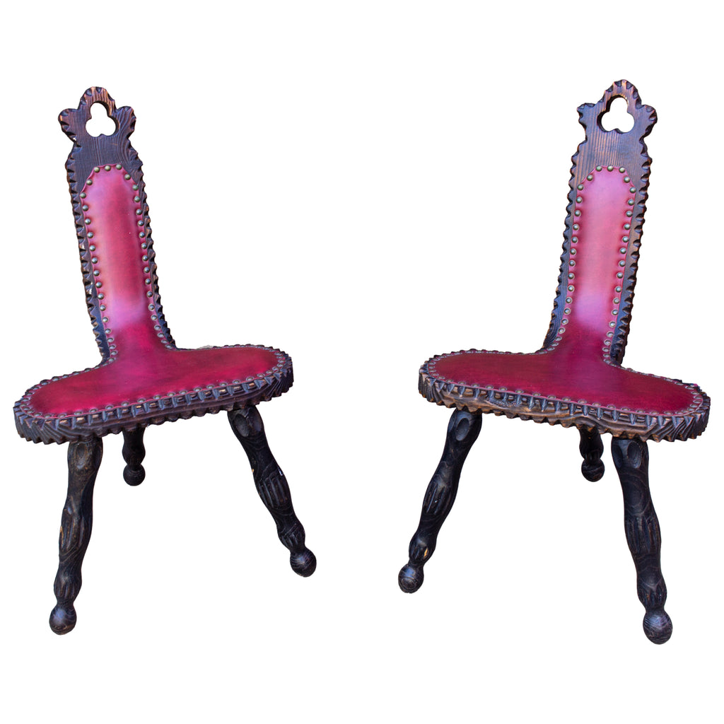 Pair of Antique Spanish Carved Wood & Red Leather Stools