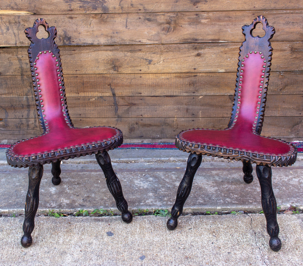 Pair of Antique Spanish Carved Wood & Red Leather Stools