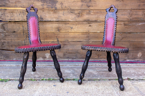 Pair of Antique Spanish Carved Wood & Red Leather Stools