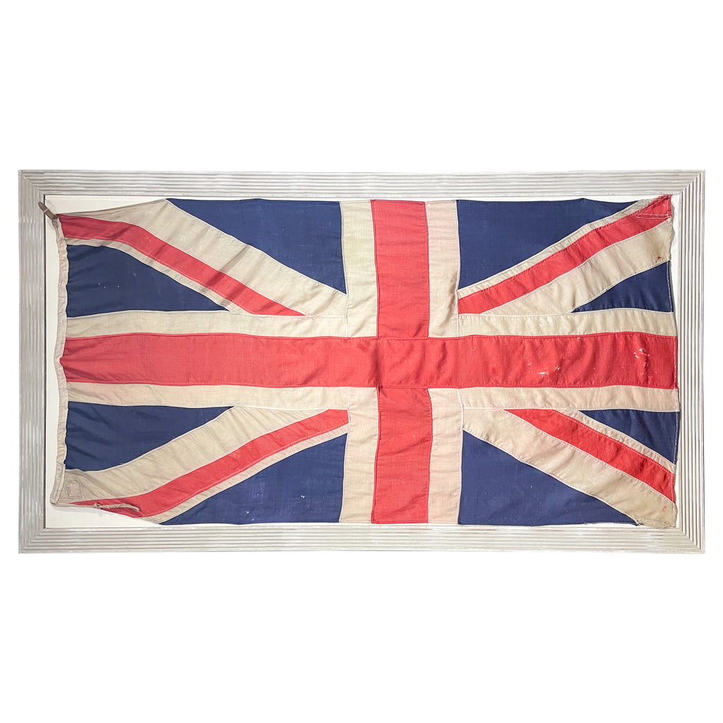 Antique Union Jack Flag in Greige Finished Fluted Wood Frame
