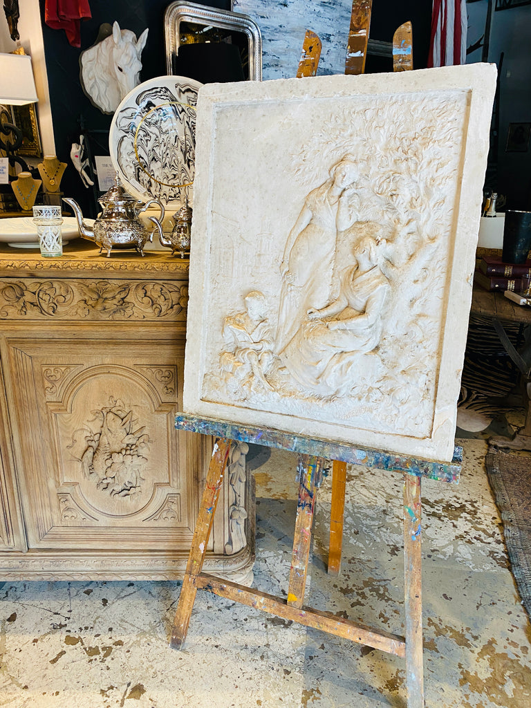 Signed Antique French Plaster Relief with Garden Scene and Three Figures