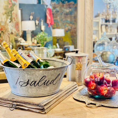 Vintage French Zinc Bucket with Custom "Salud" Calligraphy