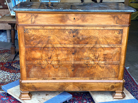 Antique French Louis Philippe Mahogany Chest of Drawers with Dark Marble Top