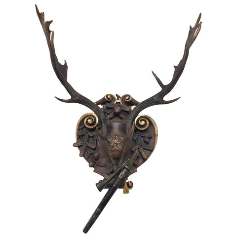 Antique Habsburg Fallow Trophy on Hand Carved Black Forest Plaque