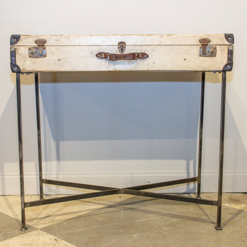 Bar Table Crafted with Vintage French Luggage & Custom Iron Base