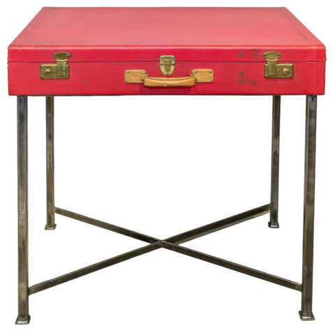 Bar Table Crafted with Vintage Red French Luggage & Custom Iron Base