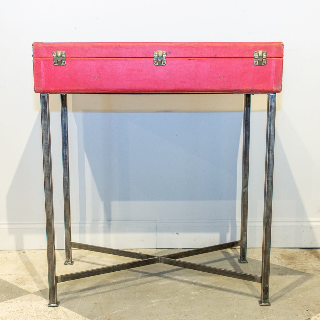 Bar Table Crafted with Vintage Red French Luggage & Custom Iron Base