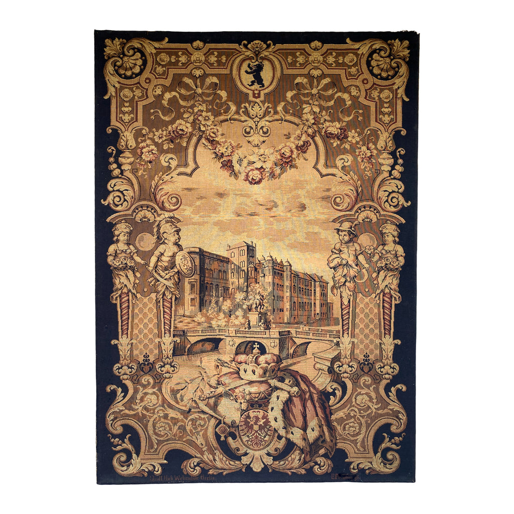 Large 19th c Antique Berlin Machine Woven Tapestry in Black, Gold & Burgundy