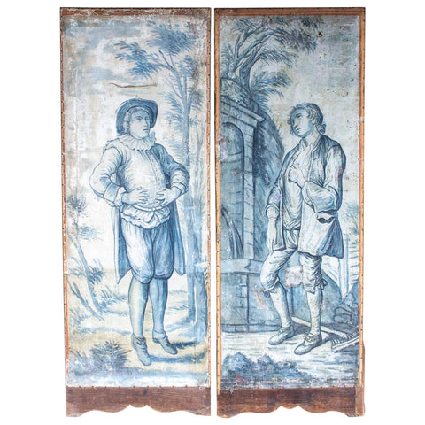 Early 19th Century French Painted Screen Panels in Blue and White