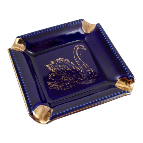 Vintage Blue & Gold Ceramic Ashtray with Swan Design