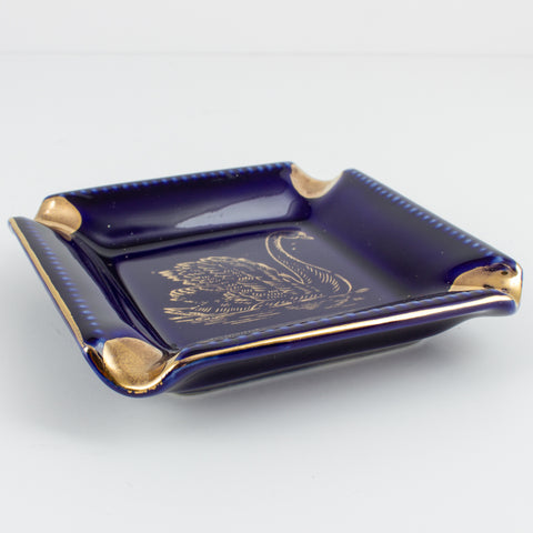 Vintage Blue & Gold Ceramic Ashtray with Swan Design