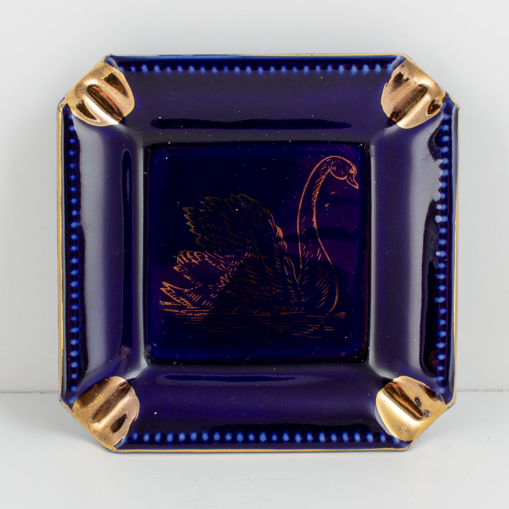 Vintage Blue & Gold Ceramic Ashtray with Swan Design