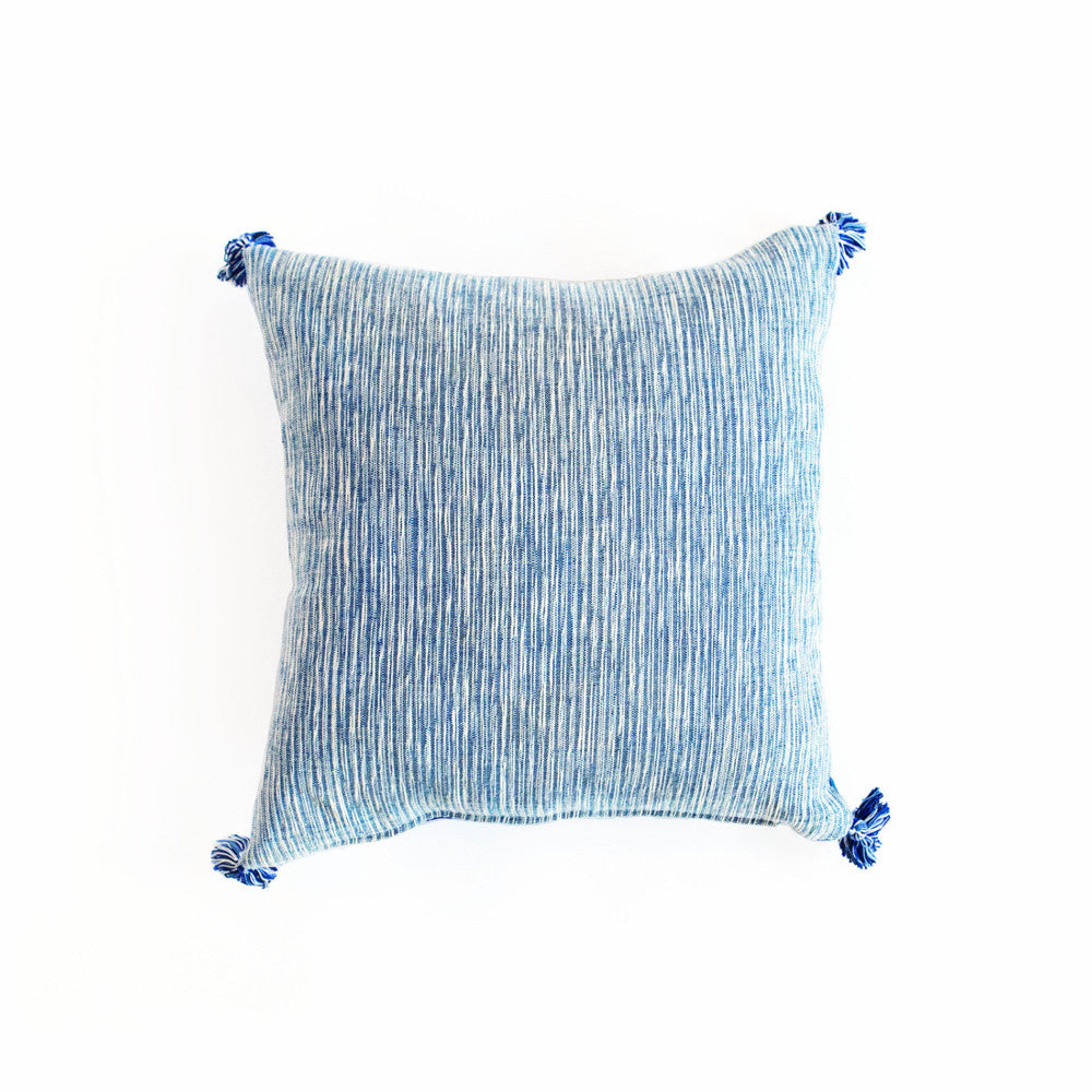 Blue & White 18-inch Handmade Linen Pillow with Tassels from Guatemala