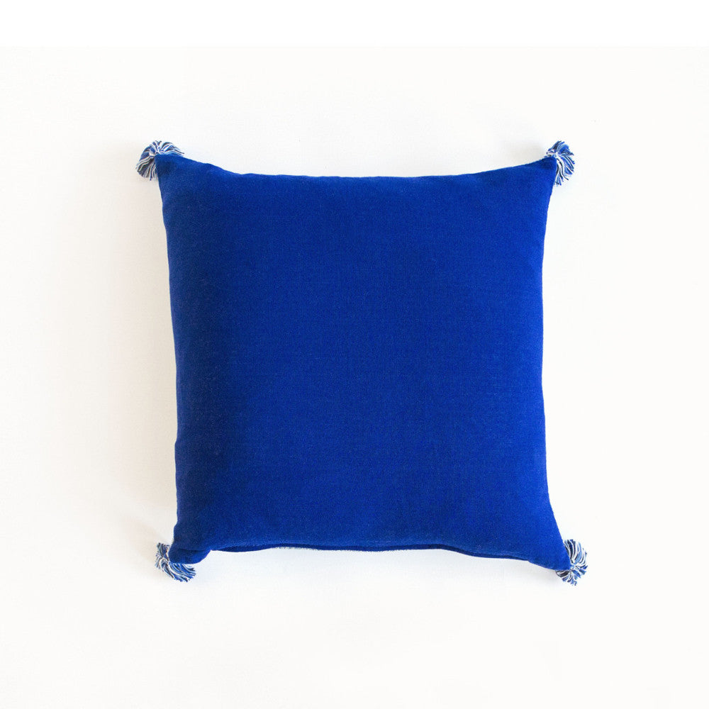 Blue & White 18-inch Handmade Linen Pillow with Tassels from Guatemala