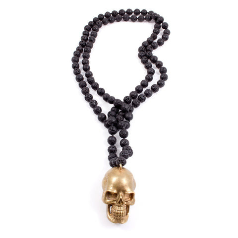Hand-cast Brass Skull Pendant & Lava Mala Bead Necklace