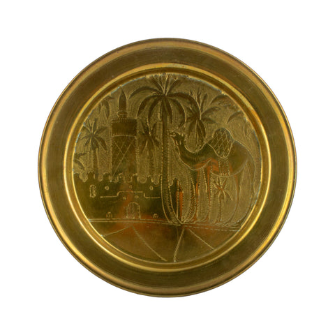 Vintage Hand-Hammered Brass Plate with Camel & Palm Trees