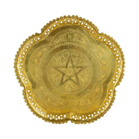 Vintage Moroccan Brass Tray with Pierced Edge & Star Motif