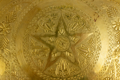 Vintage Moroccan Brass Tray with Pierced Edge & Star Motif