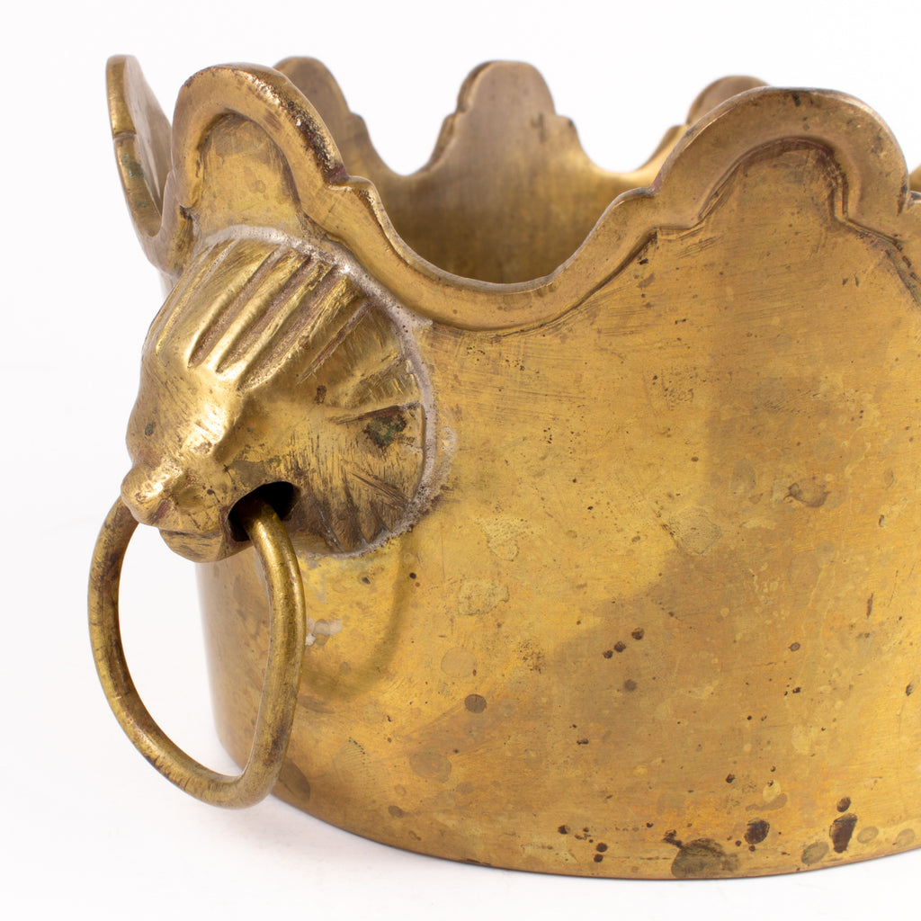 Vintage Ovular Scalloped Brass Cachepot with Lions Head Handles
