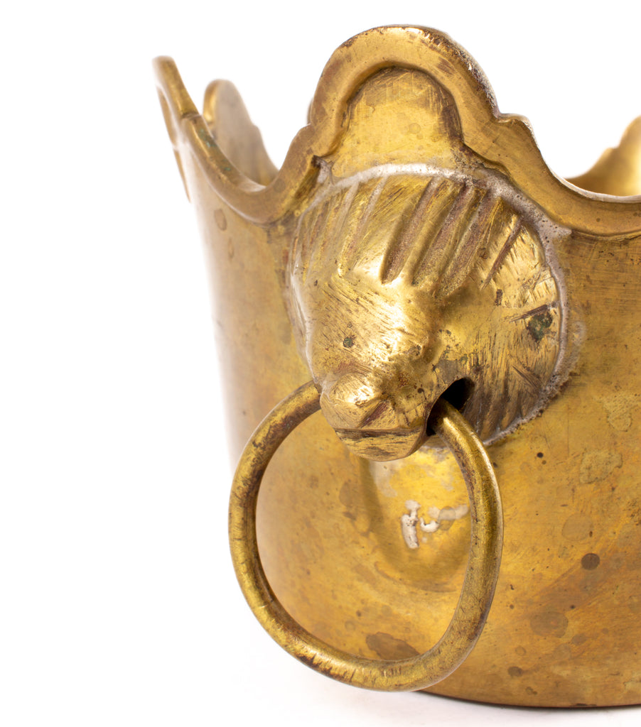 Vintage Ovular Scalloped Brass Cachepot with Lions Head Handles
