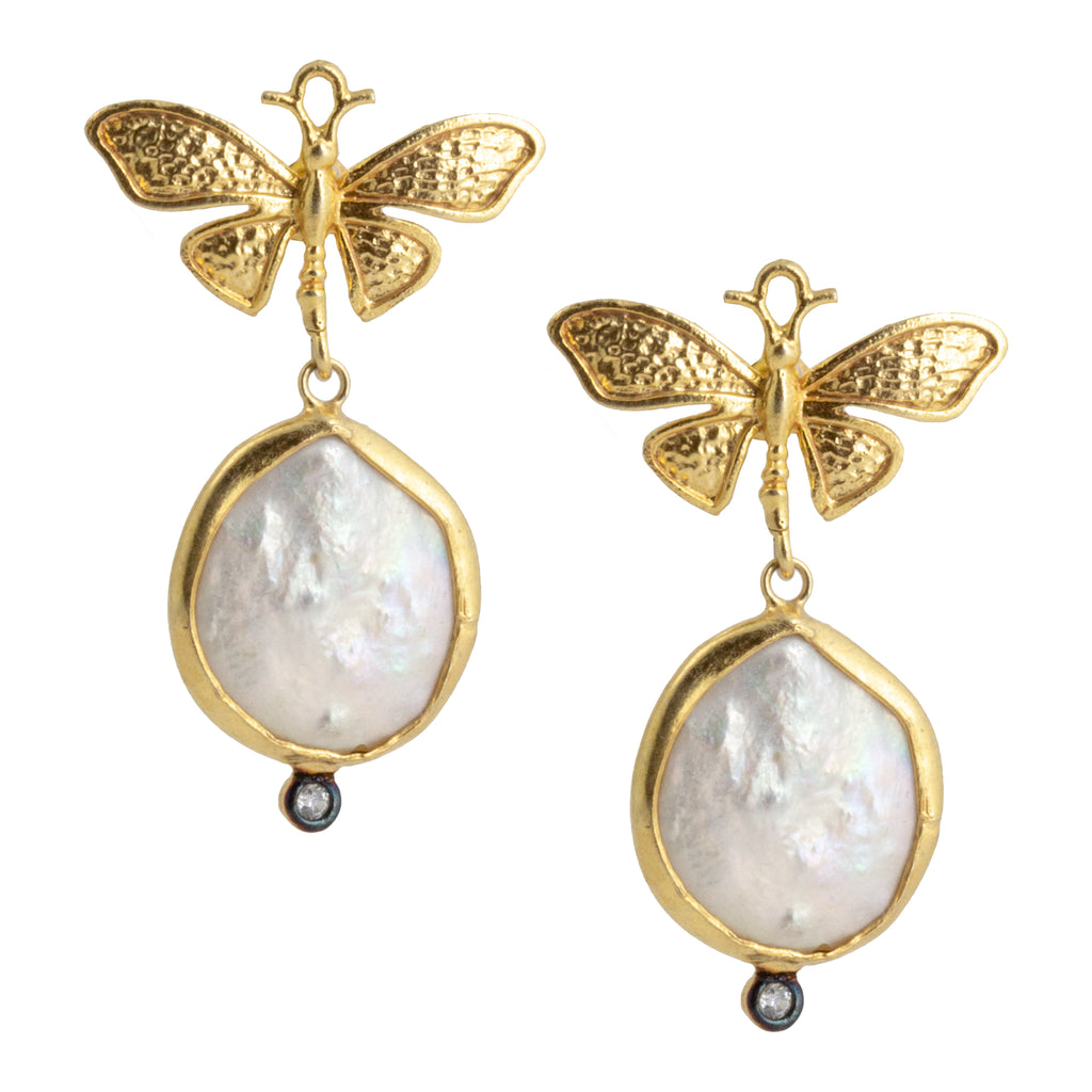 Handmade Gold Butterfly & Natural Pearl Drop Earrings from Istanbul