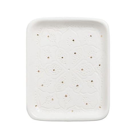Handmade Moroccan Ceramic Tray in Engraved White & Gold