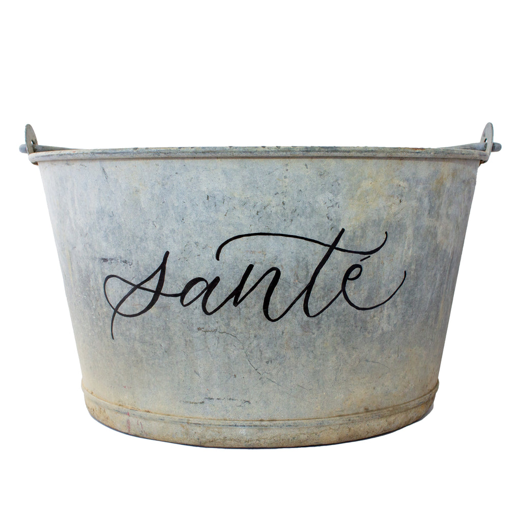Vintage French Zinc Bucket with Custom "Santé" Calligraphy