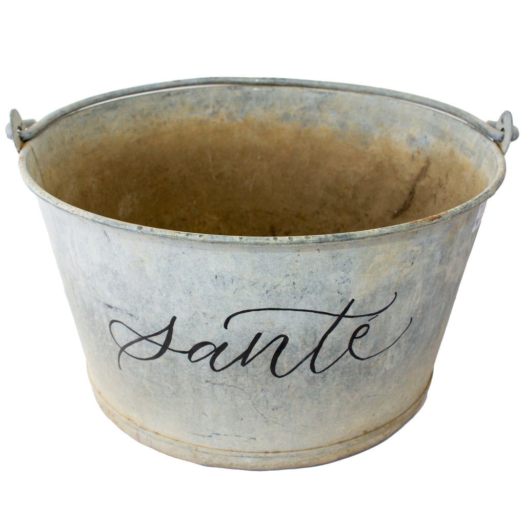 Vintage French Zinc Bucket with Custom "Santé" Calligraphy