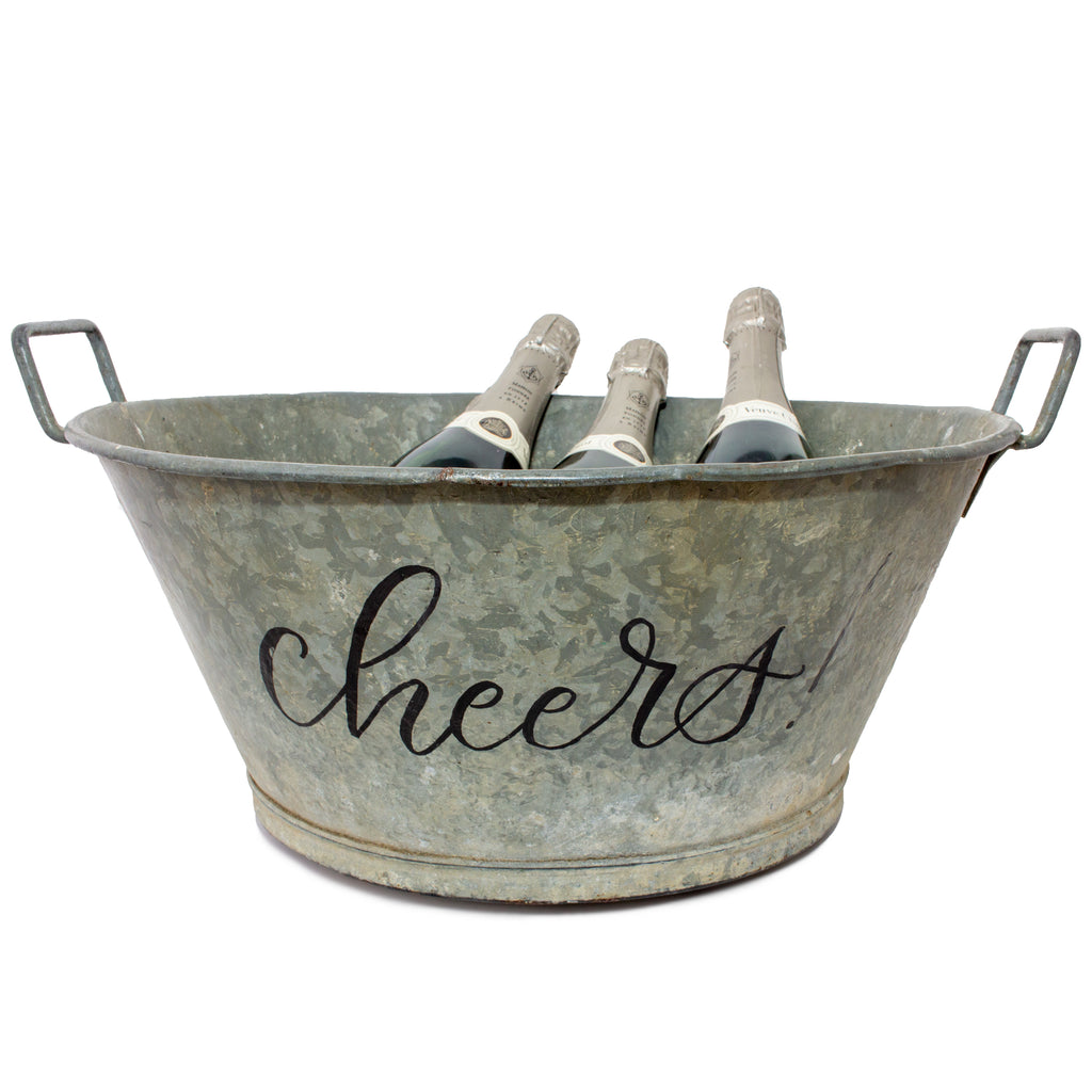 Vintage French Zinc Bucket with Custom "Cheers" Calligraphy