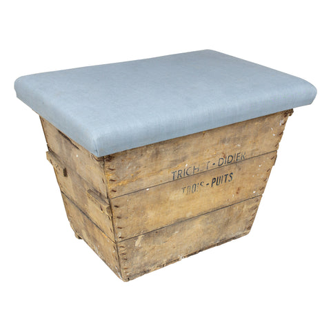 Antique French Champagne Harvest Crate with Upholstered Linen Top | Blue