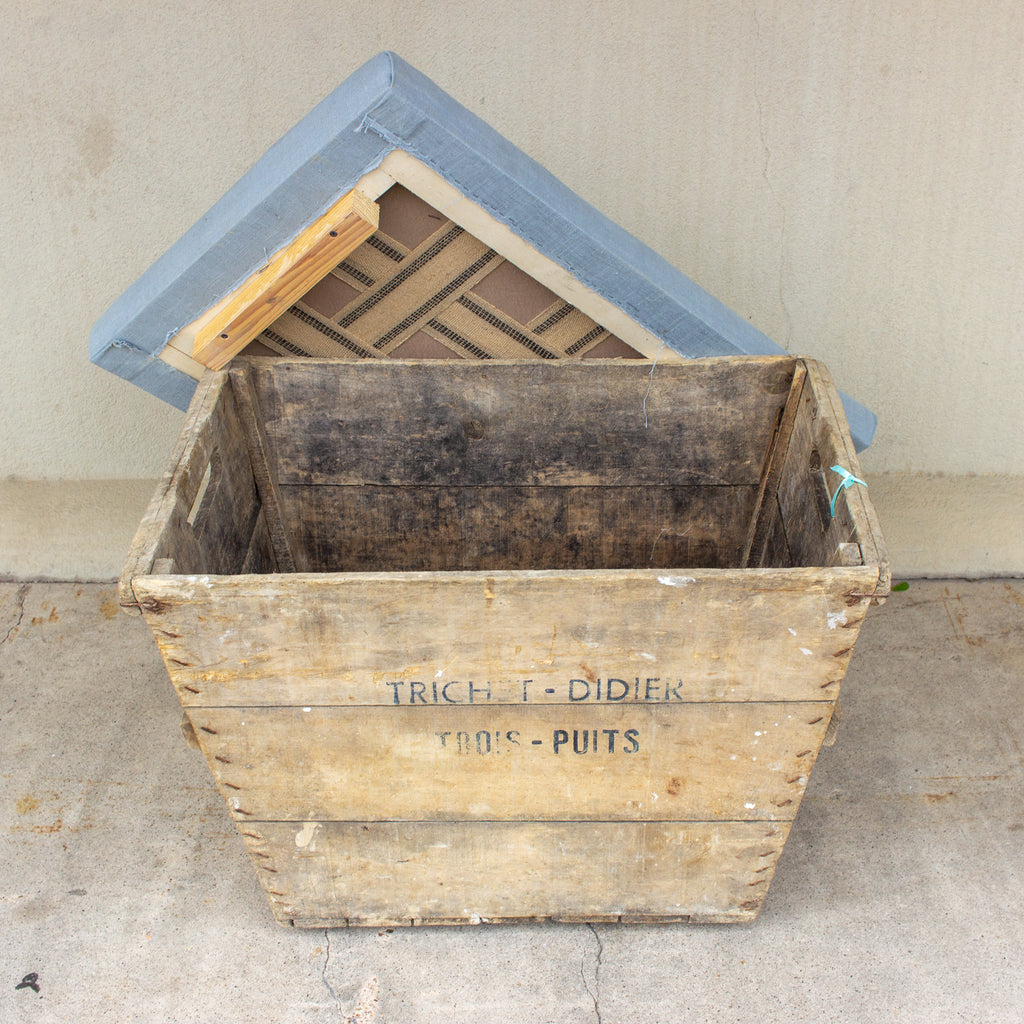 Antique French Champagne Harvest Crate with Upholstered Linen Top | Blue