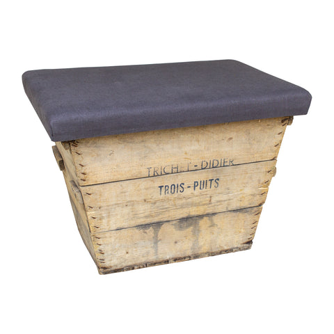 Antique French Champagne Harvest Crate with Upholstered Linen Top | Charcoal