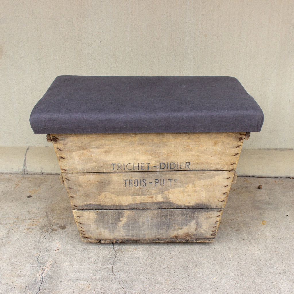 Antique French Champagne Harvest Crate with Upholstered Linen Top | Charcoal