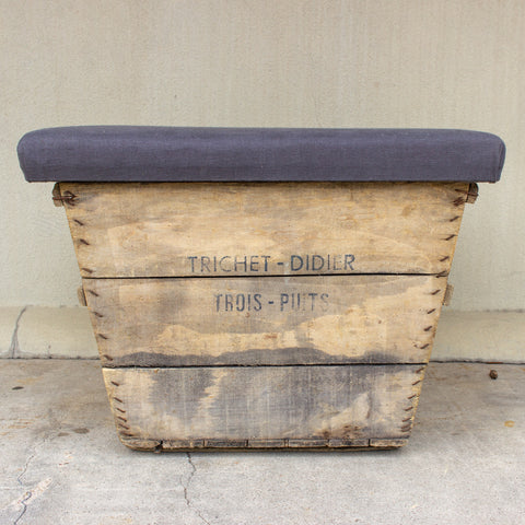 Antique French Champagne Harvest Crate with Upholstered Linen Top | Charcoal