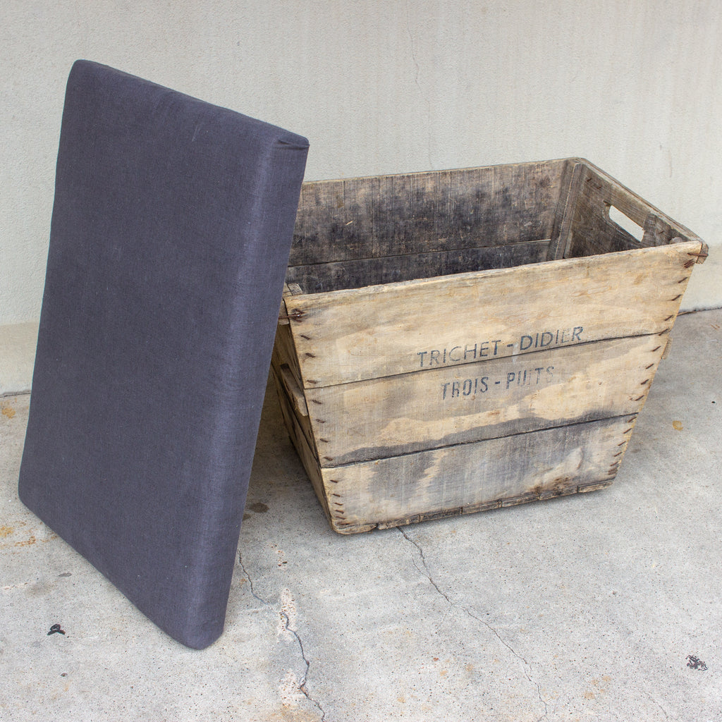 Antique French Champagne Harvest Crate with Upholstered Linen Top | Charcoal