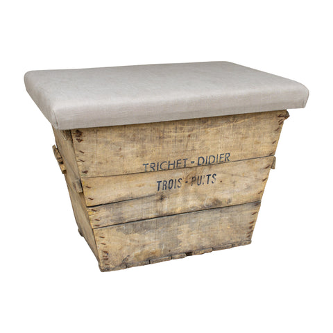Antique French Champagne Harvest Crate Ottoman with Upholstered Linen Top | Beige