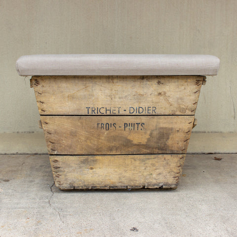 Antique French Champagne Harvest Crate Ottoman with Upholstered Linen Top | Beige