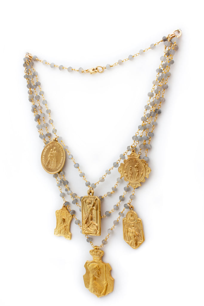 Handmade Multistrand Laboradite Necklace with Vintage Religious Charms