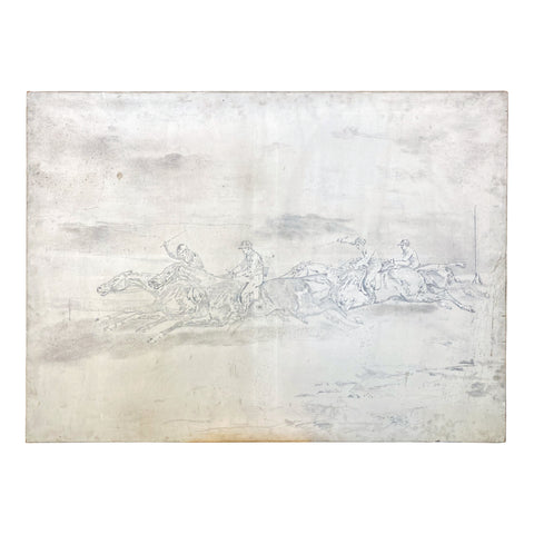 Antique French Painting of Horse Riders in Cream