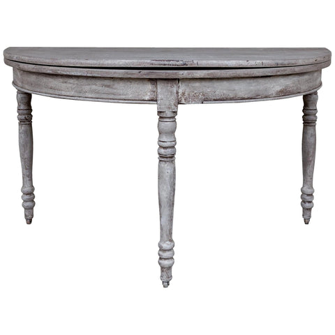 Antique French Oak Folding Demi-lune Console and Round Table in Greige Finish