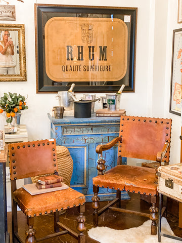 Antique Spanish Leather & Wood Armchair with Brass Nailhead Details